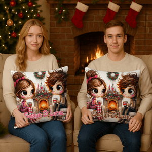 Personalizzato Natale coppia personaggi dei cartoni animati Throw Pillow Cover con nome Home Decor Natale Compleanno regalo per la coppia moglie marito