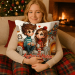 Personalized Christmas Couple Cartoon Characters Throw Pillow Cover with Name Home Decor Christmas Birthday Gift for Couple Wife Husband