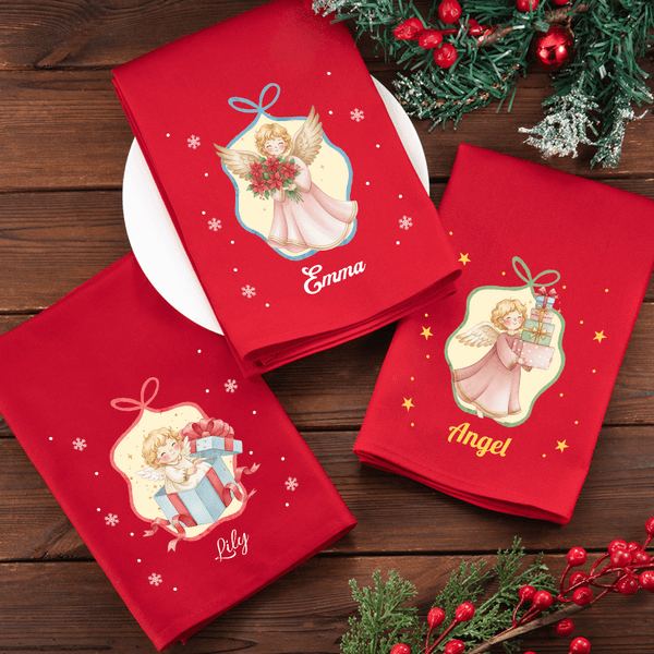 Personalized Watercolor Christmas Angel 100% Cotton Red Reusable Cloth Napkin with Name Festive Dining Decor Christmas Gift for Family Friends