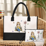 Personalised Cartoon Reading Character Large Tote Bag Portable Makeup Bag with Birth Flower and Name Travel Accessories Birthday Gift for Women Girls