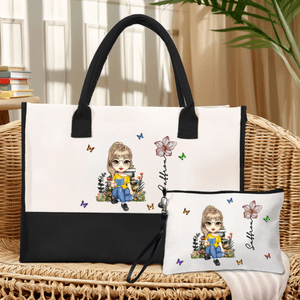 Personalized Cartoon Reading Character Large Tote Bag Portable Makeup Bag with Birth Flower and Name Travel Accessories Birthday Gift for Women Girls