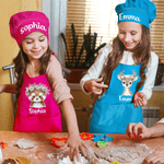 Personalised Cute Flower Crown Animal Adjustable Kid Apron Chef Hat Set with Name and Pocket Cooking Handcraft Activities Birthday Gift for Boys Girls