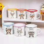 Personalised Cartoon Wreath Deer Bear Animals 12 oz Colored Rim Enamel Mug with Name Daily Use Christmas Birthday Gift for Boys and Girls