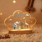 Personalised Cute Elephant Rabbit Giraffe Cloud Style Acrylic LED Night Light with Name Text and Wooden Base Nursery Decor Birthday Gift for Kids