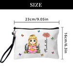 Personalised Cartoon Reading Character Large Tote Bag Portable Makeup Bag with Birth Flower and Name Travel Accessories Birthday Gift for Women Girls