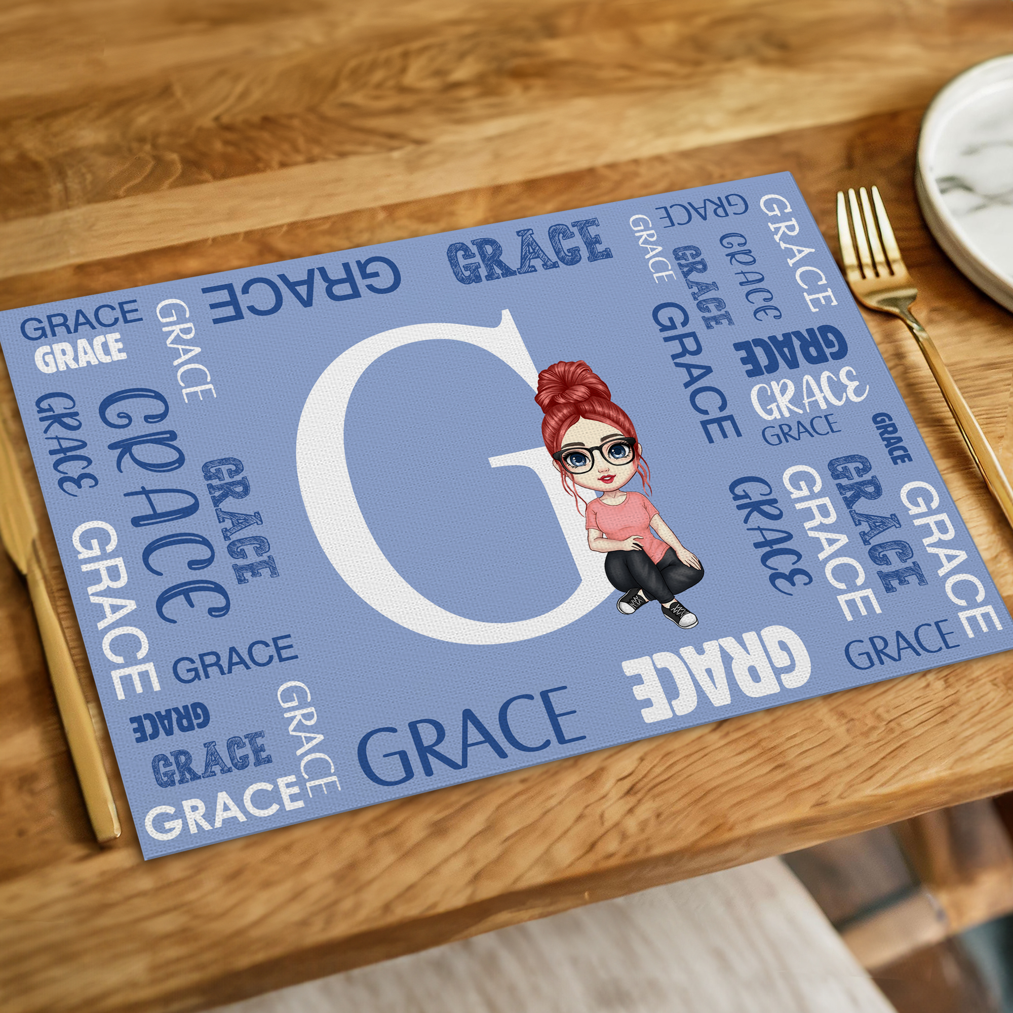Set de table rectangulaire personnalisé avec nom et initiales Décoration de la cuisine et de la salle à manger Utilisation quotidienne Cadeau d'anniversaire pour enfants Famille