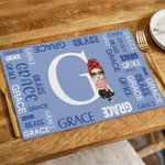 Personalized Word Cloud Cartoon Character Rectangle Placemat with Name and Initial Kitchen Dining Decor Daily Use Birthday Gift for Kids Family