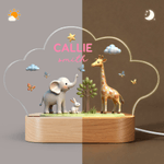 Personalised Cute Elephant Rabbit Giraffe Cloud Style Acrylic LED Night Light with Name Text and Wooden Base Nursery Decor Birthday Gift for Kids