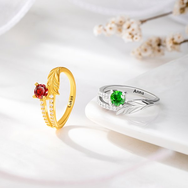 Personalised Feather Birthstone Ring with Text Dainty Jewellery Daily Wear Birthday Anniversary Gift for Girl Girlfriend Woman