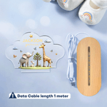 Personalised Cute Elephant Rabbit Giraffe Cloud Style Acrylic LED Night Light with Name Text and Wooden Base Nursery Decor Birthday Gift for Kids