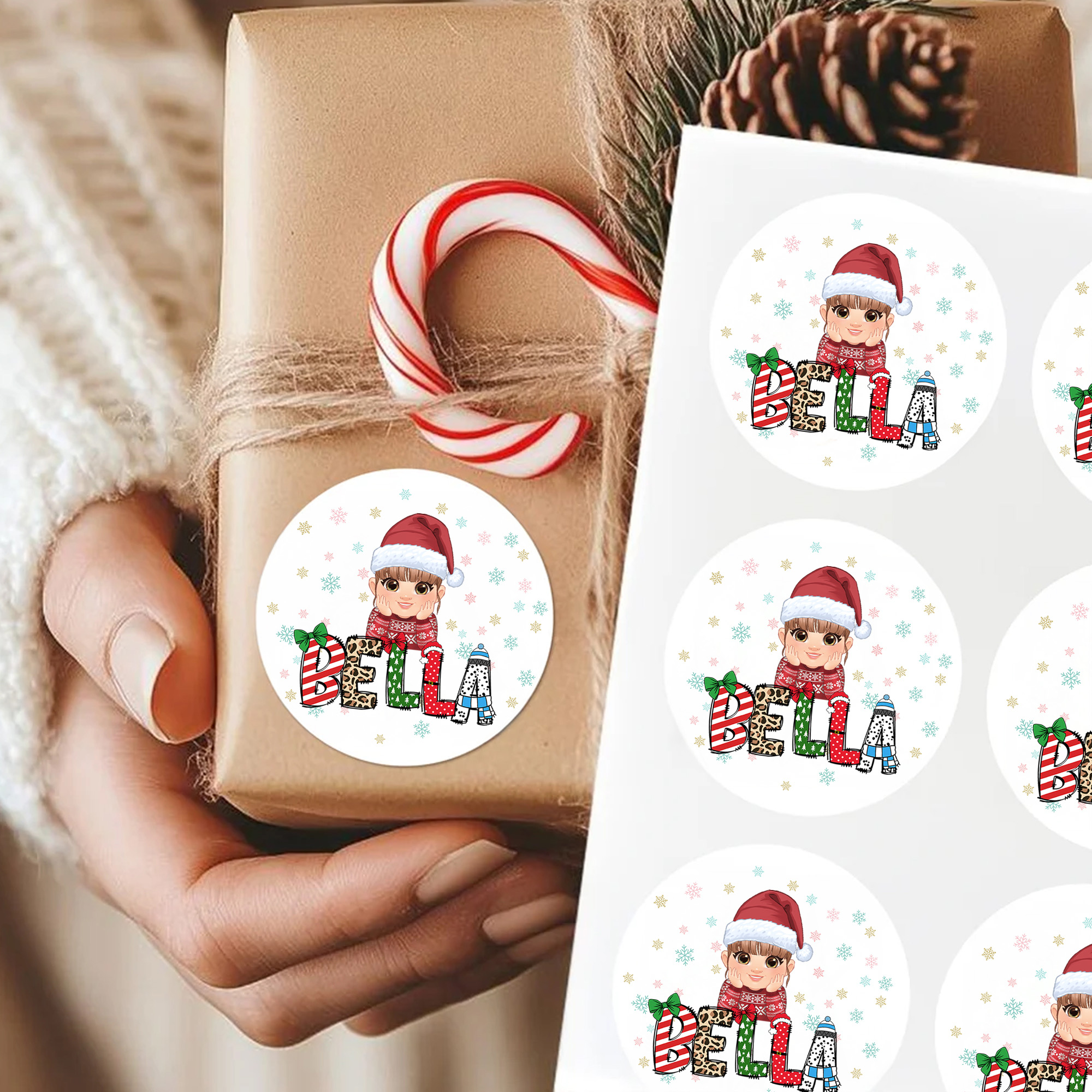 Chapeau de Noël Personnalisé Personnage Cartoon Autocollants Imperméables avec Nom Fête de Noël Cadeau de Fête pour Garçons Filles