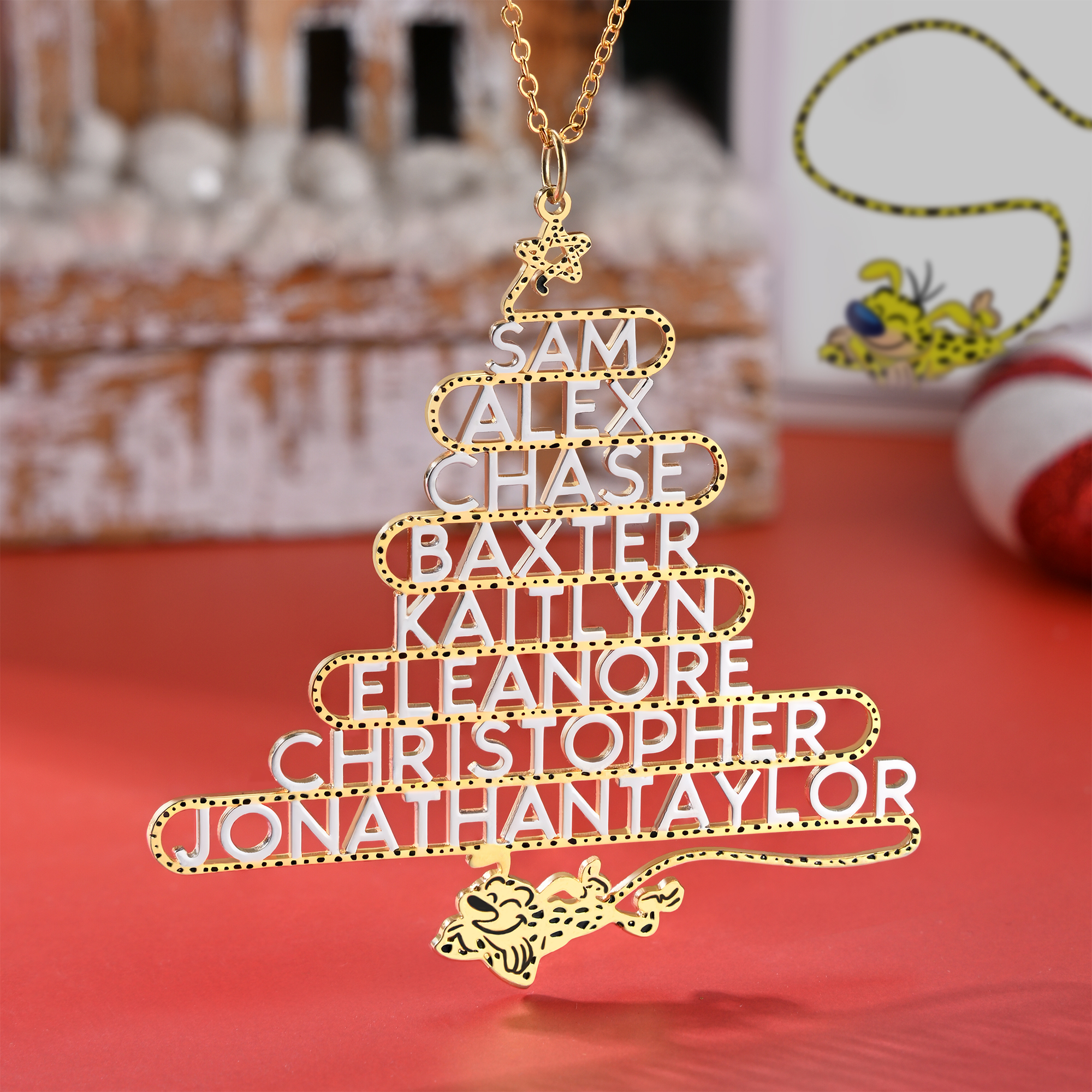 Collier personnalisé en forme d'arbre de Noël pour le Marsupilami à longue queue avec noms Cadeau de Noël pour les femmes et les filles | Callie × Marsupilami®.