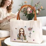 Personalised Cartoon Reading Character Birth Flower Canvas Tote Bag with Name and Zipper Birthday Anniversary Gift for Women Girls