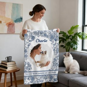Personalised Pet Photo Toile De Jouy Soft Pet Blanket with Name and Text Birthday Christmas Gift for Pet Owners Lovers