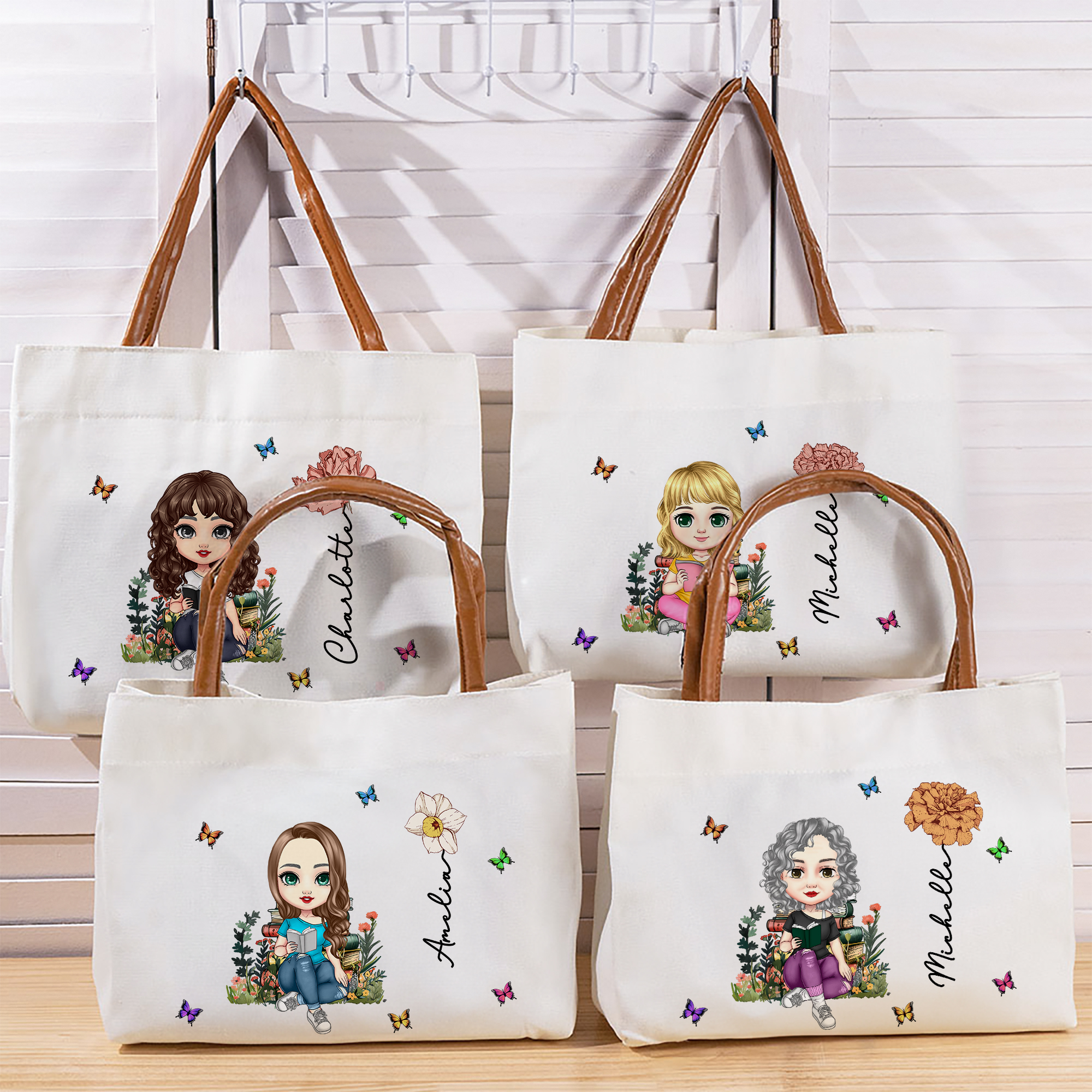Sac Cabas en Toile Personnalisé avec Personnage de Lecture Dessin Animé Fleur de Naissance et Nom Cadeau d’Anniversaire pour Femmes Filles
