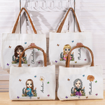Personalised Cartoon Reading Character Birth Flower Canvas Tote Bag with Name and Zipper Birthday Anniversary Gift for Women Girls