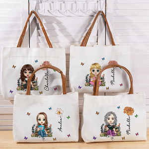 Personalized Cartoon Reading Character Birth Flower Canvas Tote Bag with Name and Zipper Birthday Anniversary Gift for Women Girls