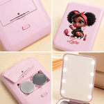 Personalized Cute Black Girl Pocket Mirror with Name and LED Light Makeup Tools Daily Use Birthday Wedding Gift for Girls Women