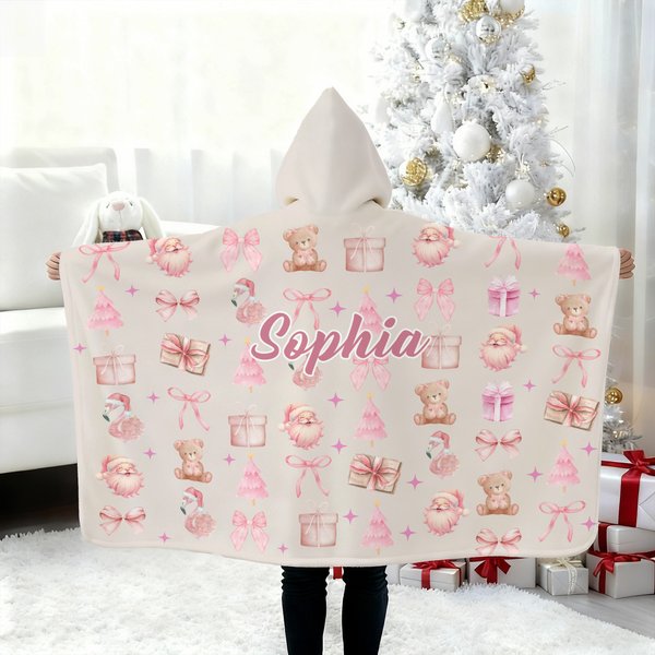 Personalised Pink Christmas Style Soft Hooded Blanket with Name Home Decor Christmas Gift for Girls Friends