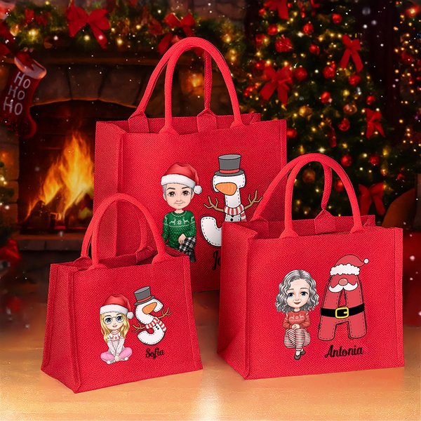 Bolso tote personalizado con personaje de dibujos animados de muñeco de nieve nombre e inicial regalo de Navidad para niños y adultos