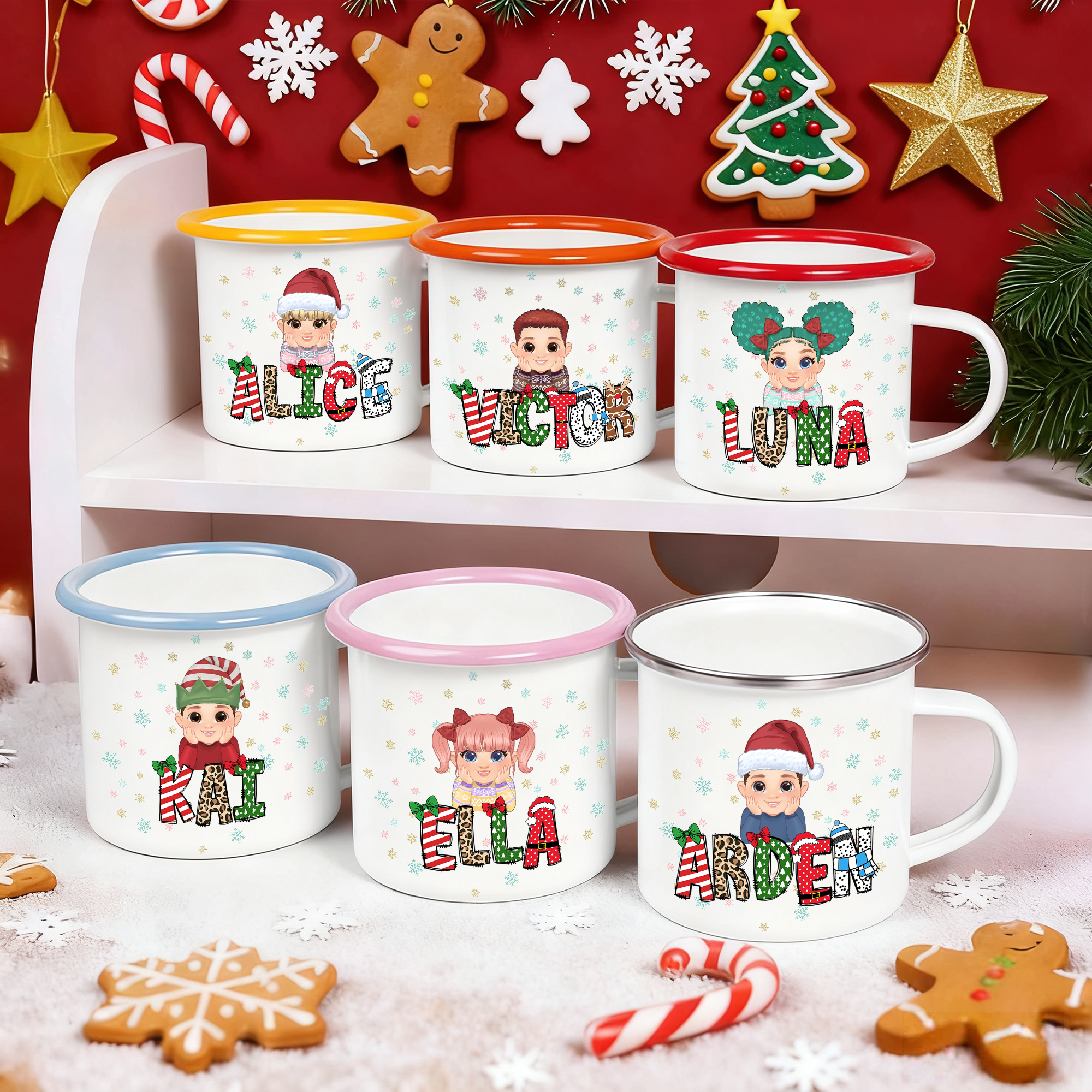 Tasse en émail à bord coloré 12 oz avec nom Cadeau de Noël personnalisé pour garçons et filles