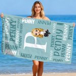 Personalizzato con la nuvola di parole della famiglia, personaggio dei cartoni animati, asciugamano da spiaggia in microfibra sovradimensionato ad asciugatura rapida con nome, regalo di compleanno ess