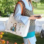 Personalised Cartoon Reading Character Birth Flower Canvas Tote Bag with Name and Zipper Birthday Anniversary Gift for Women Girls