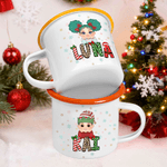 Personalised Christmas Cartoon Character Kid 12 oz Colored Rim Enamel Mug with Name Christmas Gift for Boys and Girls