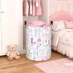 Personalized Fantasy Unicorn Dinosaur Word Cloud Large Waterproof Laundry Basket with Name and Initial Christmas Birthday Gift for Boys Girls