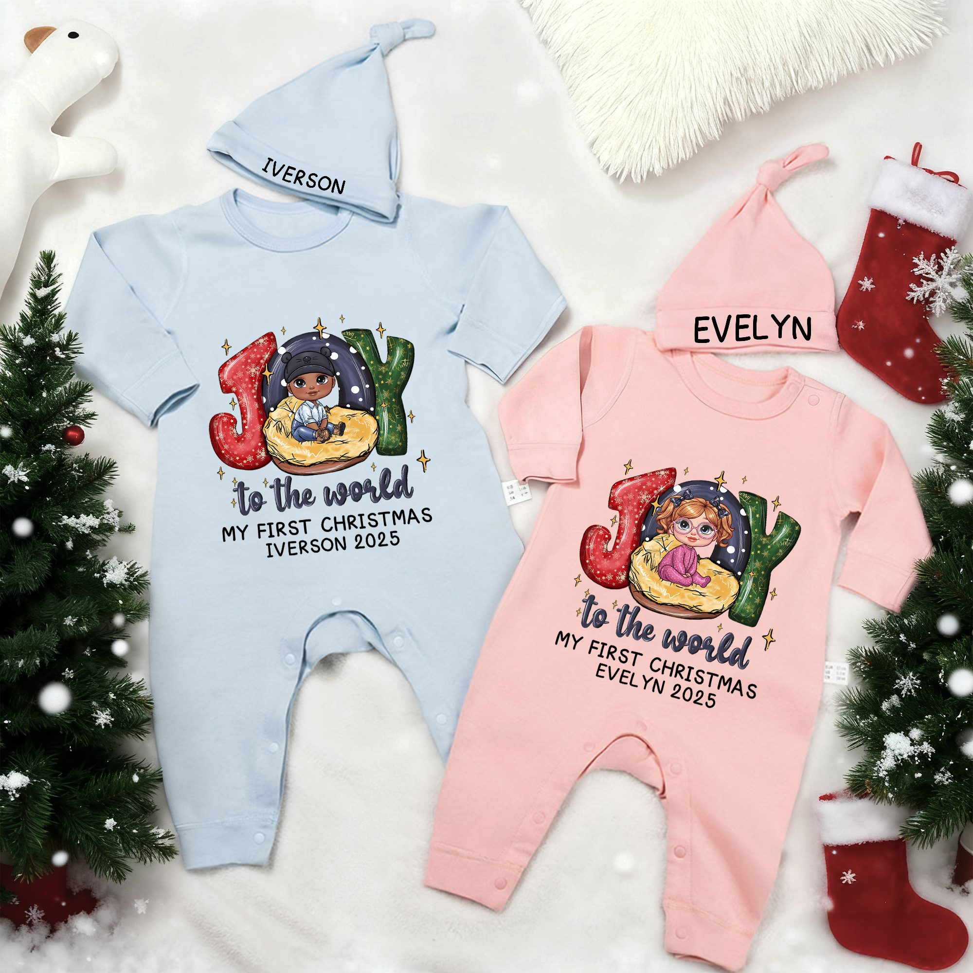 Chapeau de bébé en coton avec nom et année Cadeau de Noël pour les nouveaux-nés et les nouveaux parents