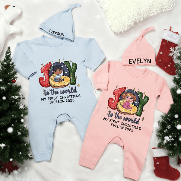 Personalised Joy To The World My First Christmas 100% Cotton Baby Romper Hat Set with Name and Year Christmas Gift for Newborns New Parents