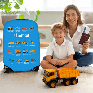 Personalised Multicolor Construction Lorry Travel Luggage Cover Fits 18-32 Inches Suitcase with Name Travel Accessories Birthday Gift for Boys Girls