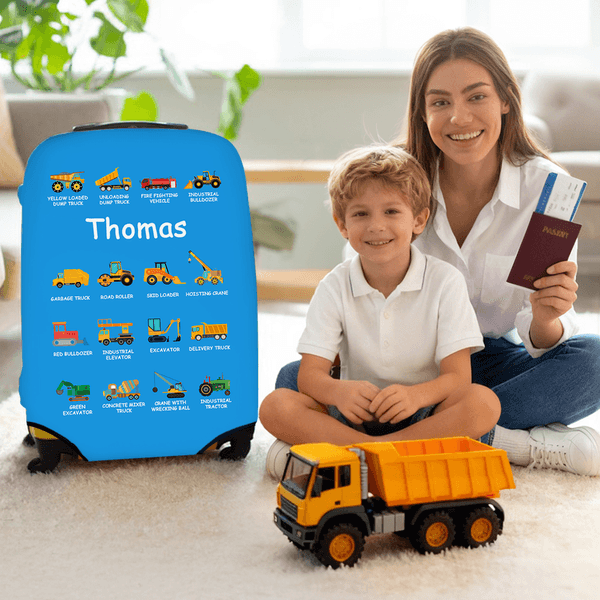Funda personalizada multicolor para maletas de camión de la construcción para maletas de 18-32 pulgadas con nombre Accesorios de viaje Regalo de cumpleaños para niños Niñas