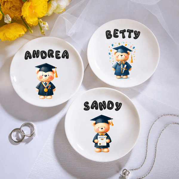 Personalizado lindo oso de graduación de cerámica baratija joyería plato con nombre de burbuja decoración del hogar regalo de graduación para los graduados