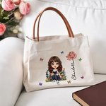 Personalised Cartoon Reading Character Birth Flower Canvas Tote Bag with Name and Zipper Birthday Anniversary Gift for Women Girls