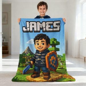 Personalised 3D Pixel-Style Photo Soft Throw Blanket with Name Home Decor Holiday Birthday Christmas Gift for Kids Game Lovers