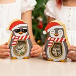 Personalized Cute Penguin with Santa Hat Wooden Money Box with Name Christmas Gift for  Kids