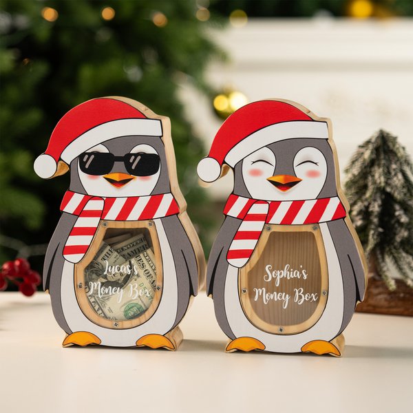 Personalised Cute Penguin with Santa Hat Wooden Money Box with Name Christmas Gift for  Kids