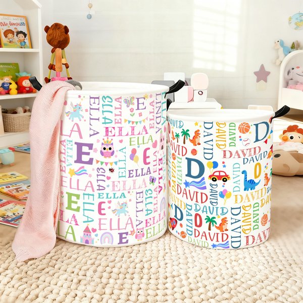 Cesto da bucato impermeabile grande con nome e iniziali, regalo di Natale e compleanno per bambini e bambine, personalizzato con fantasia Unicorno e Dinosauro.