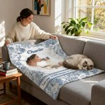 Personalised Pet Photo Toile De Jouy Soft Pet Blanket with Name and Text Birthday Christmas Gift for Pet Owners Lovers