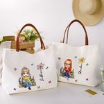 Personalised Cartoon Reading Character Birth Flower Canvas Tote Bag with Name and Zipper Birthday Anniversary Gift for Women Girls