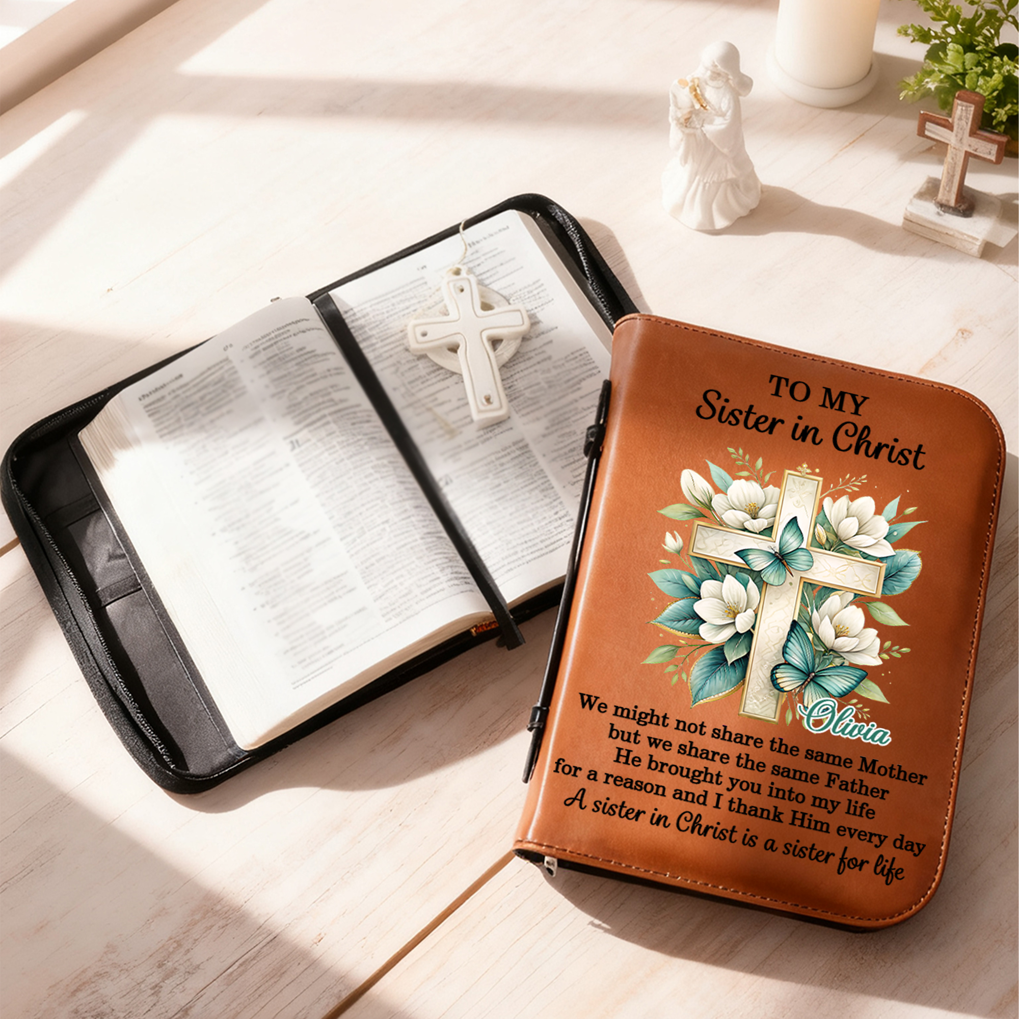 Couverture de livre en cuir PU avec nom, croix, versets bibliques floraux, cadeau de baptême pour les chrétiens et les femmes