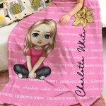 Coperta morbida personalizzata con personaggio in stile cartone animato nome e fiore di nascita regalo perfetto per compleanni o Natale per bambini