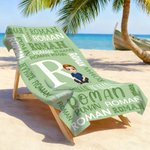 Personalizzato con la nuvola di parole della famiglia, personaggio dei cartoni animati, asciugamano da spiaggia in microfibra sovradimensionato ad asciugatura rapida con nome, regalo di compleanno ess