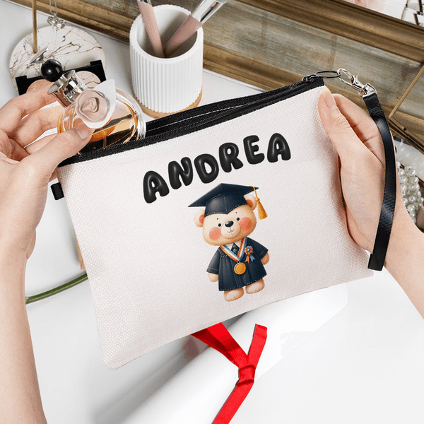 Personalized Cute Graduation Bear Cosmetic Bag with Bubble Name and Wristlet Strap Graduation Birthday Gift for Graduates