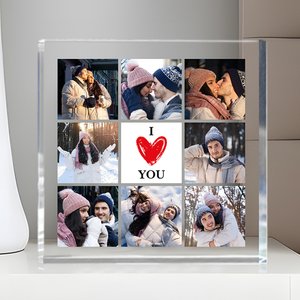 Personalised Heart I Love You 8 Photos Collage Square Acrylic Plaque Desk Decor Valentine's Day Anniversary Gift for Couple