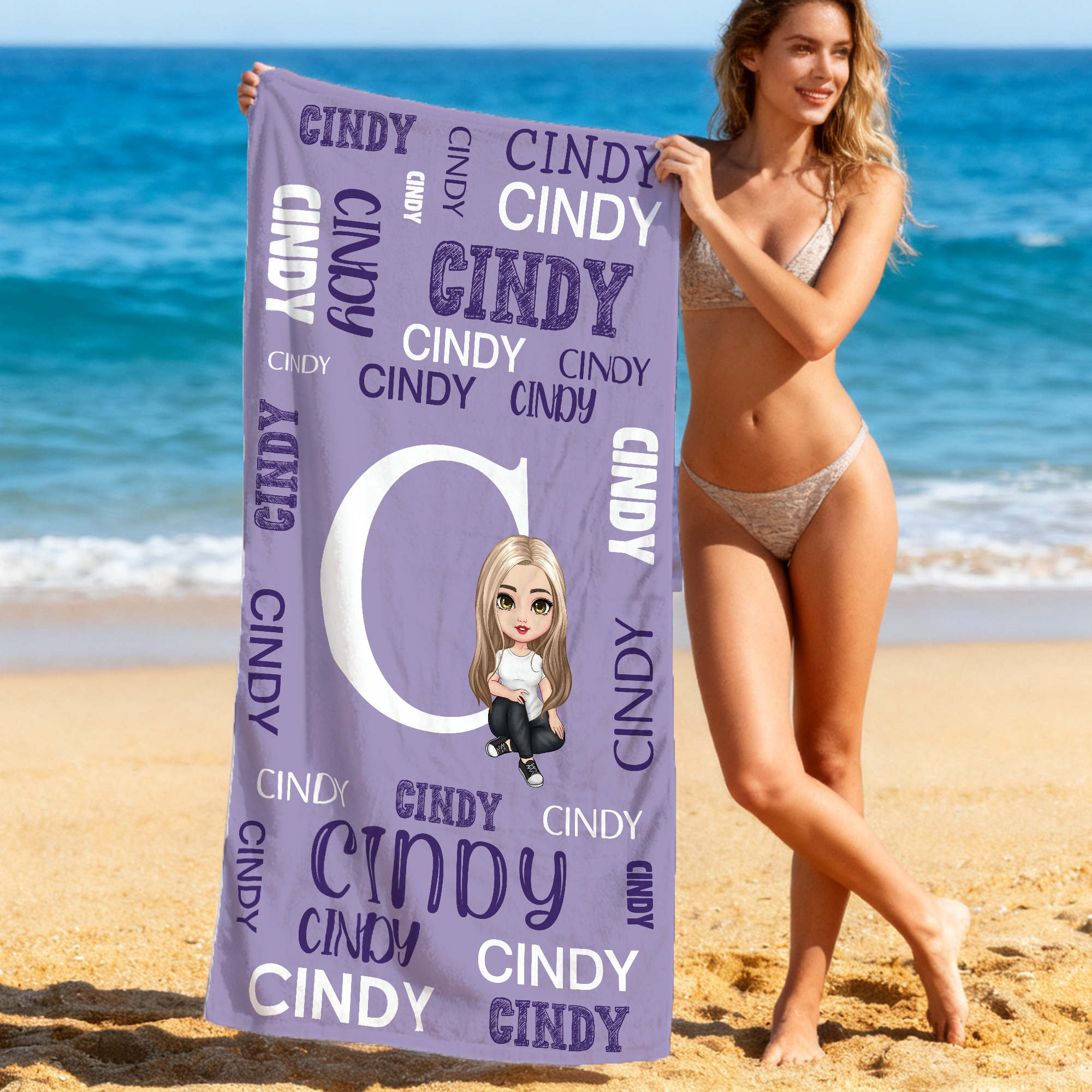 Serviette de plage en microfibre avec nom, personnalisée par Word Cloud Cartoon Character Multicolor Oversized Quick Dry Travel Essentials Cadeau d'anniversaire pour la famille