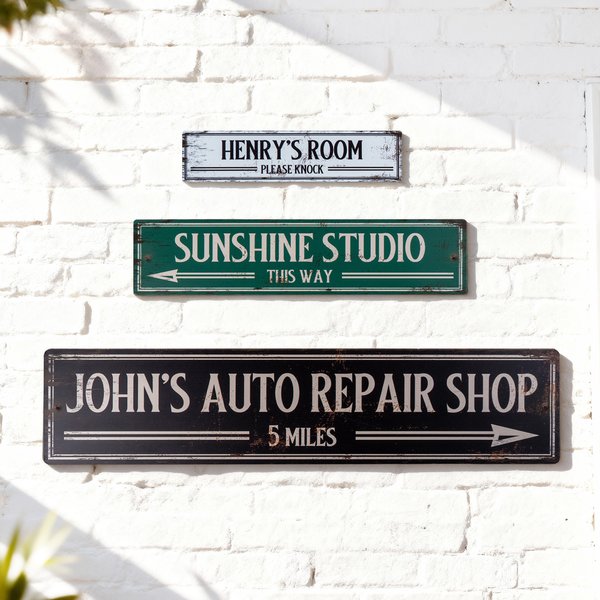 Cartello personalizzato multicolore in metallo retrò con nome e testo Garage Workshop Garden Decor Regalo di compleanno per gli appassionati di stile retrò