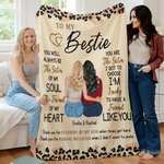 Personalized To My Bestie Cartoon Character Back View Leopard Print Soft Throw Blanket with Name Home Decor Christmas Gift for Sisters Besties