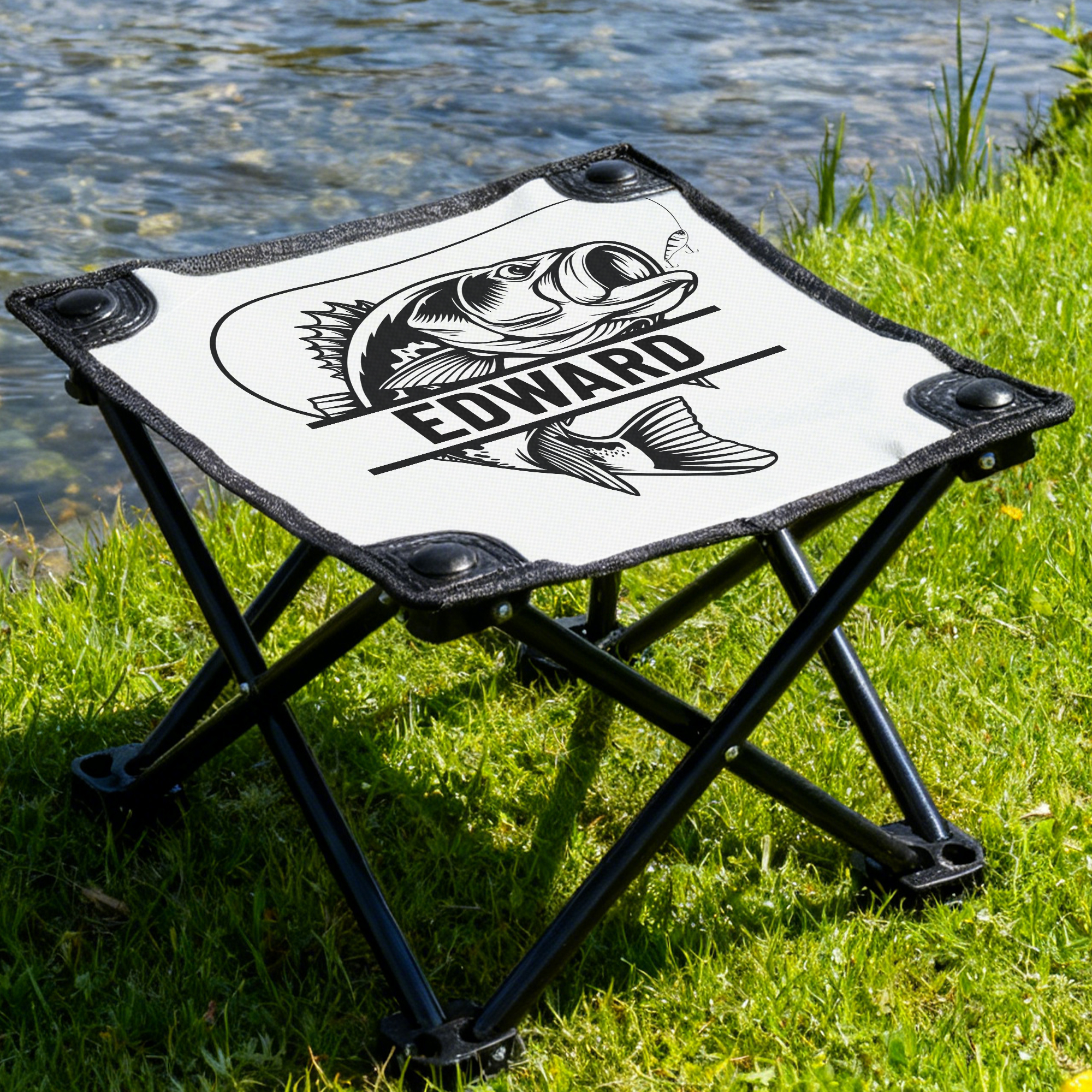 Tabouret de pêche pliant personnalisé à motif de poisson réaliste avec nom Activités de plein air Cadeau de camping pour les passionnés de pêche